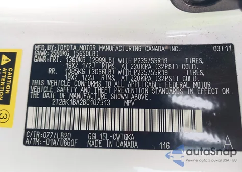 2011 Lexus Rx 350 z USA, uszkodzony, nr VIN 2T2BK1BA2BC107313